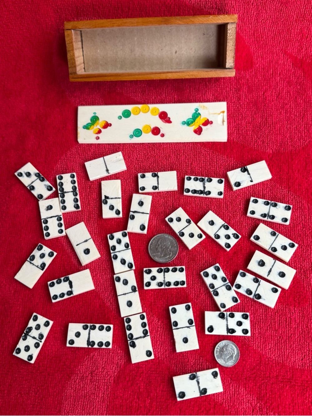 Vintage Domino Game Set Mini Bone with Original Wooden Box 28 Pieces Miniature